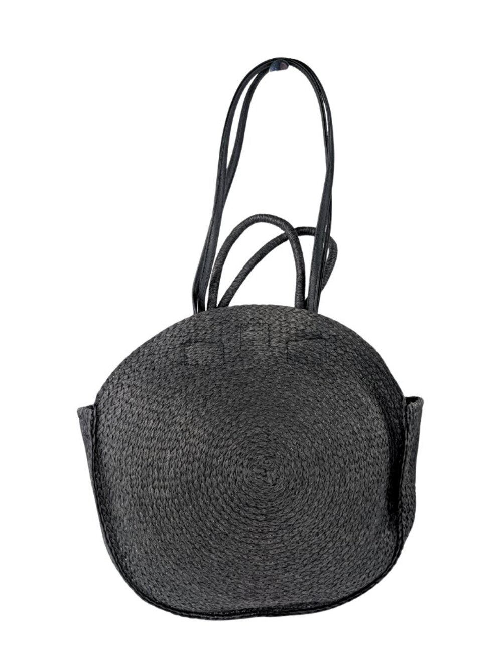 Black Raffia Woven Large Round Beach Pool Vacation Tote Bag Natural Fibers